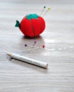 A dressmaker pencil with an out of focus pin cushion shaped as a red tomato