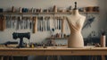 Dressmaker's workshop featuring mannequin, sewing machine, and tools Royalty Free Stock Photo