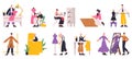 Dressmaker sewing, designer tailoring, characters working in clothes industry. Tailor, seamstress at work vector Royalty Free Stock Photo