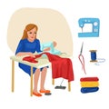 Seamstress, dressmaker. Professions, character and items for his work. Children education. Exercise for preschoolers Royalty Free Stock Photo