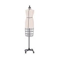 Dressmaking dummy, dress form. Sewing mannequin for tailor. Fabric manikin with metal grid, rolling base. Women figure