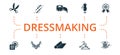 Dressmaking icon set. Contains editable icons theme such as fabric scissors, tape measure, tailor dummy and more.