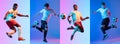 Dribbling the ball. Collage with dynamic portraits of professional male soccer players in motion over colorful