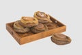 Dried abalone on bamboo tray in white background Royalty Free Stock Photo
