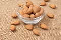 Dried almonds on glass bowl on canvas Royalty Free Stock Photo