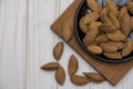 Dried almonds spilled from a dark plate onto a gray background. healthy food for raw foodists and vegetarians. Royalty Free Stock Photo