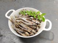 Dried Anchovy Fish decorated with herbs and lemons on a floor Background Selective Focus