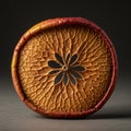 Dried apple slice displayed vertically on a dark surface. The slice features a brown, Royalty Free Stock Photo