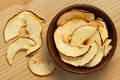 Dried apple slices in a brown wood bowl next to spilled dried apple slices on light wood background from above