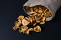 Slices of dried apples in a canvas bag lie on a dark surface Royalty Free Stock Photo