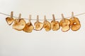 Dried apple slices hanging on a jute twine with wooden clothespins