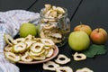 Homemade organic dried apple chips in glass bottle with fresh apple Royalty Free Stock Photo