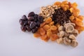 Dried apricot, nuts, faygi, dates and raisins on a table Royalty Free Stock Photo