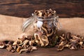 Dried wild forest mushrooms in glass jar on wooden background