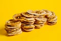 Dried banana chips, sliced in thin circles. Background for healthy and natural nutrition. Royalty Free Stock Photo