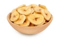 Dried banana chips in wooden bowl isolated on white background with full depth of field Royalty Free Stock Photo