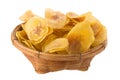 Dried banana chips in wooden bowl. Yellow deep fried slices of b Royalty Free Stock Photo