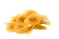 Dried banana chips. Yellow deep fried slices of bananas Isolated Royalty Free Stock Photo