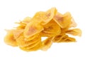 Dried banana chips. Yellow deep fried slices of bananas Isolated on white background Royalty Free Stock Photo