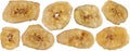 Dried banana slices isolated on a white background in high resolution. Banana chips. Close-up of banana chips Royalty Free Stock Photo