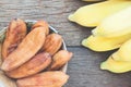 Dried banana on wooden table, Dried fruit, Healthy snack, Diet a Royalty Free Stock Photo