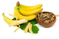 Dried bananas in the bowl and fresh bananas isolated on white background. Sticks of dehydrated banana pulp Royalty Free Stock Photo