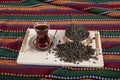 Dried Black tea leaves. Tea brewing, tea ceremony, a cup of freshly brewed black tea, dark mood. Hot water is poured into a glass Royalty Free Stock Photo
