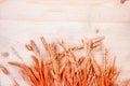 Dried bread spikes on a wooden table. Autumn harvest of bread Royalty Free Stock Photo