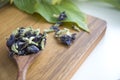 Dried butterfly pea flowers on spoon