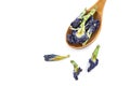 Dried butterfly pea flowers in a wooden spoon on white background. Blue flower for tea Royalty Free Stock Photo