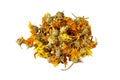 Dried calendula flowers for useful herbal tea on white background