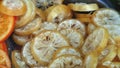 Dried, candied lemon slices for sale at a farmers` market