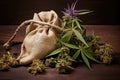 dried cannabis flowers in a burlap sack with a hemp leaf nearby