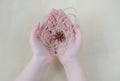 Dried carnation and twine on woman hands.