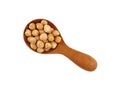 Dried chickpea beans in wooden scoop over white