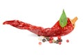 Dried Chili Pepper and Red, Black, and White Pepper Corns on White Background