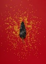 Dried Chili and Seeds on Red background, Pasilla Guajillo mexican spice flat lay