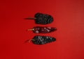 Dried Chilis Red background, chile guajillo Pasilla mexican spice flat lay