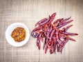 Dried chillies is ingredient of food are placed on the table.