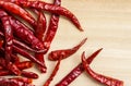 Dried chillies on wooden table Royalty Free Stock Photo