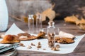 Dried chopped fly agarics stacked in a small jar and dry mushrooms on parchment on a wooden table. Microdosing and Alternative Royalty Free Stock Photo