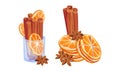 Dried Cinnamon Bark Strips or Sticks with Orange Slices Vector Set