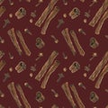 Dried cinnamon and cloves red seamless pattern