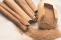 Dried cinnamon ground in measuring spoon Royalty Free Stock Photo