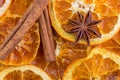 Dried citrus orange slices, Cinnamon sticks and Anise star, background. Aromatic spices for Drink, cooking or baking. Royalty Free Stock Photo