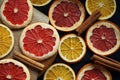 Dried citrus slices on a wooden board on a dark background Royalty Free Stock Photo