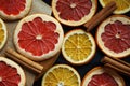 Dried citrus slices on a wooden board on a dark background Royalty Free Stock Photo