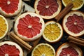 Dried citrus slices on a wooden board on a dark background Royalty Free Stock Photo