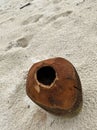 Dried coconut on the sand with a hole inside.