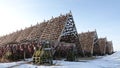 Huge Racks with dried stockfish heads in Laukvik on the Lofoten in Norway in winter Royalty Free Stock Photo